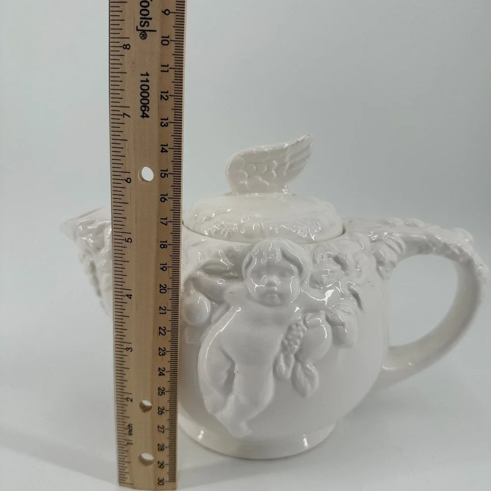 Vintage White Ceramic Cherub Angel Relief Teapot w/ Lid‎ FWC Decorative